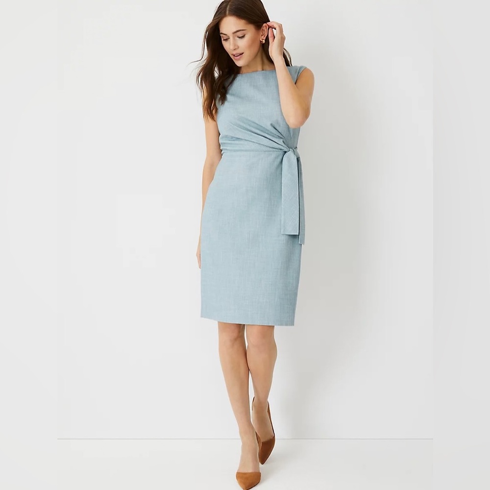 Ann Taylor | The Tie Waist Dress in Cross Weave in Dusty Willow Green • 00P